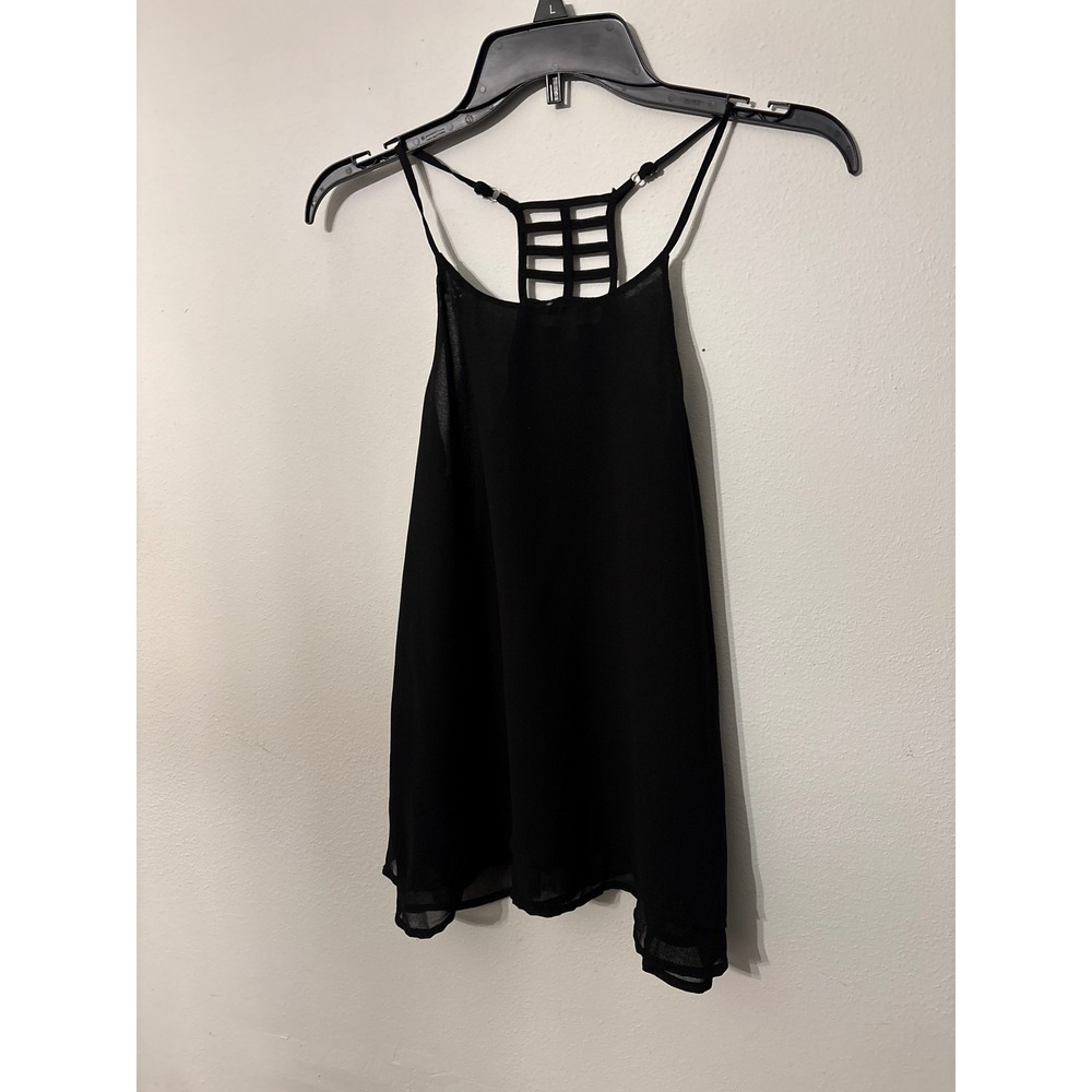 E&M Cami Tank Top Womens S Black Excellent Cage Back Strappy Sheer Chiffon